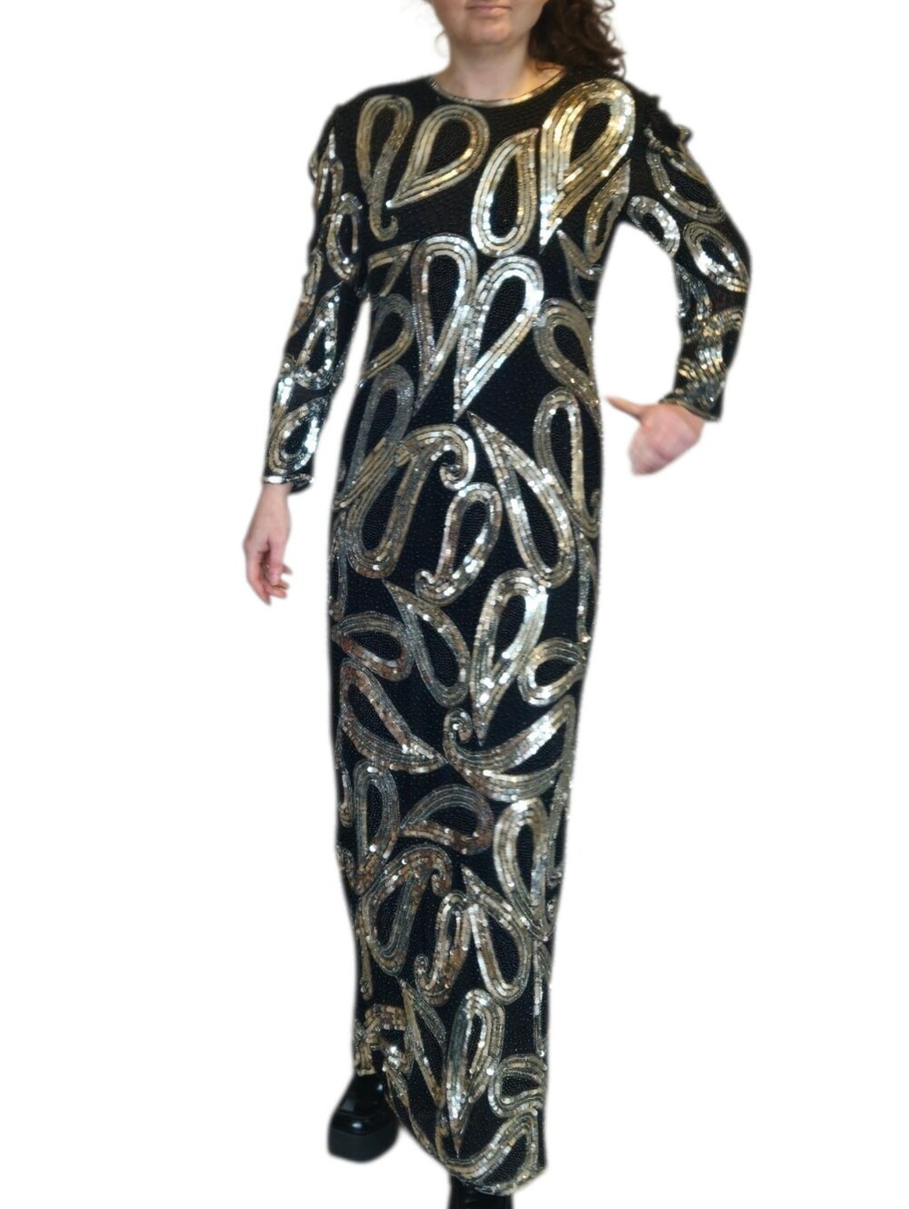 Vintage 80s Swee Lo Sequin Paisley Maxi Dress Open Back M/L